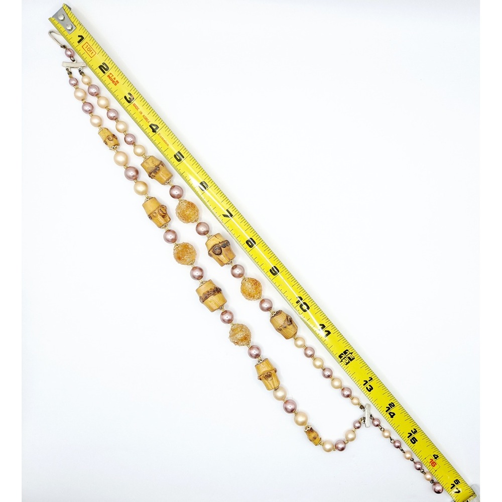 Vintage Japan Double Strand Necklace Chunky Bamboo Faux Pearl Glass Beads 16" - Picture 8 of 12